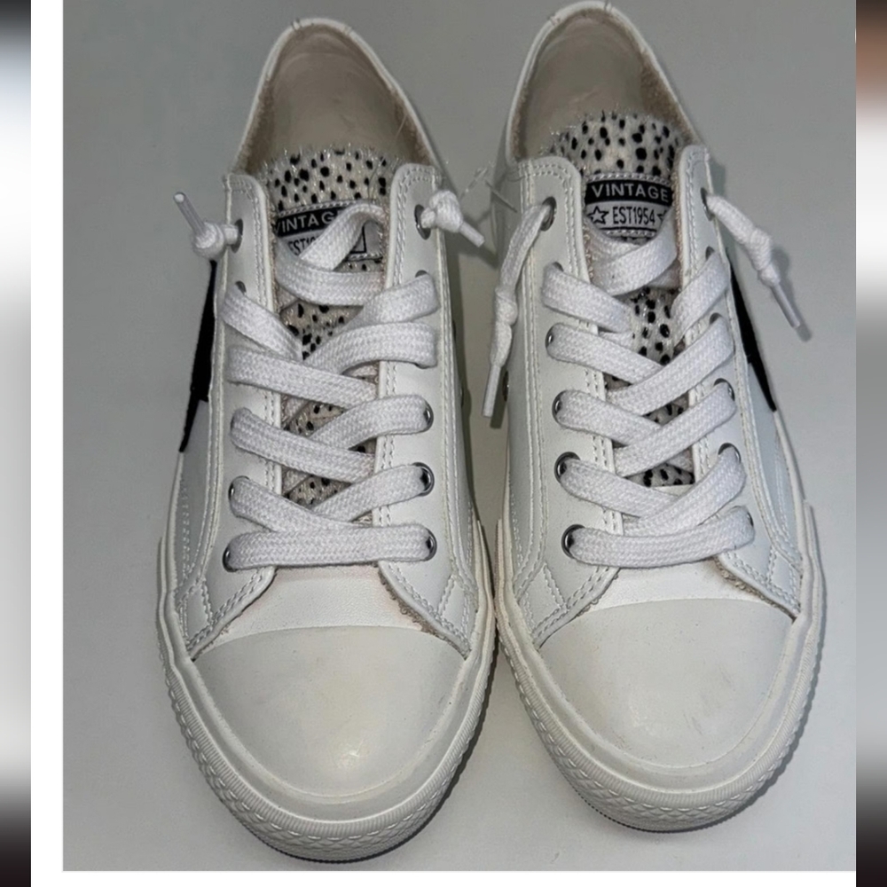 Vintage Havana White Sneakers Black Star Cheetah Print Lace Up - Picture 2 of 6